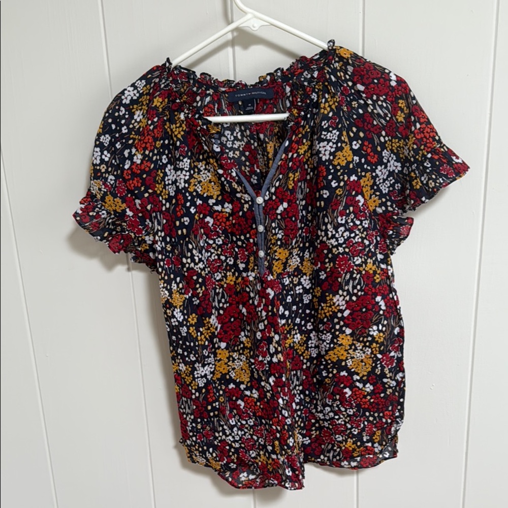 Tommy Hilfiger Red Ruffled Short Sleeve Blouse